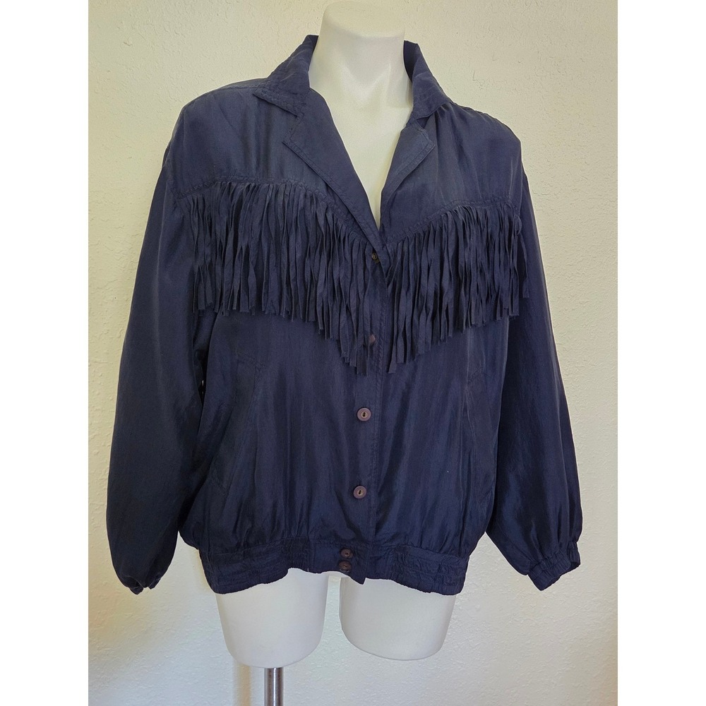 ABVIEN Womens Blue 100% Silk Fringe Western Bomber Jacket Vintage Small Navy